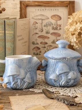 VTG 1970s Arnel's Blue Mushroom Sugar & Creamer Set "Les Potiers" Signed Rare